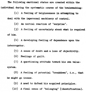 List of the 10 mental states necessary for a successful Brainwashing process as outlined in a CIA document from 1956 : conspiracy