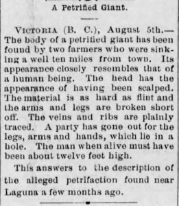 "Twelve foot tall giant found" Santa Cruise Sentinel, August 7, 1885. - conspiracy