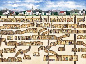 Map of Derinkuyu, an ancient, underground city that was found in Turkey. The city goes 60 meters down and could accommodate 20,200 people. It was discovered when a Turkish resident found a mysterious room behind a wall in his home : conspiracy