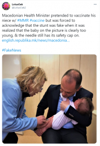 Macedonian Health Minister pretended to vaccinate his niece but was forced to acknowledge that the stunt was fake. LOL, Source link in SS. : conspiracy