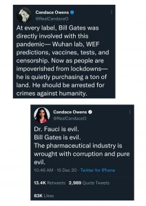 Candace Owens is the only one qualified to run for office with these statements. Second tweet was deleted/removed, but was 100% accurate. If our weak, dumb, corrupt politicians can&#x27;t call out the real people behind COVID then they don&#x27;t deserve to be in office : conspiracy